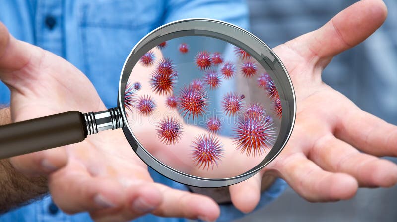 Close up on a sick man hand through magnifying glass transmitting virus by skin contact 3D rendering. Close up on a sick man hand through magnifying glass transmitting virus by skin contact 3D rendering