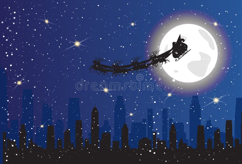 Släde för kontur för Santa Riding Reindeer Sledge Over nattstad i himmeljulbegrepp vektor illustrationer Släde för kontur för Santa Riding Reindeer Sledge Over nattstad i himmeljulbegrepp vektor illustrationer
