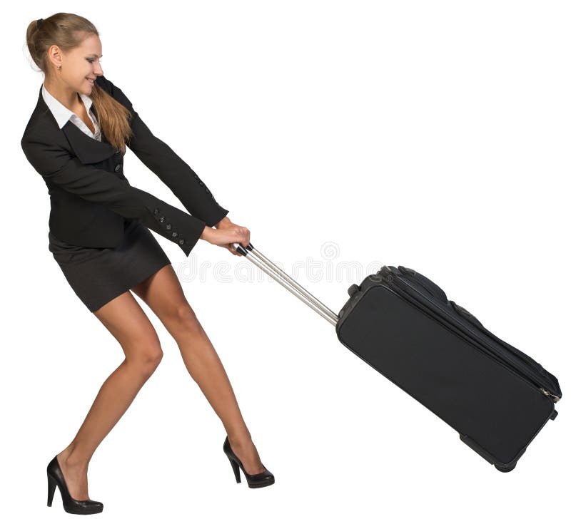 Släpande skurkroll rullad resväska för affärskvinna på