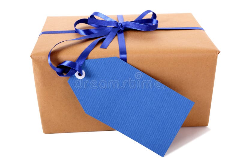 Plain brown paper package or parcel, blue gift tag or label and ribbon isolated on white background, side view. Plain brown paper package or parcel, blue gift tag or label and ribbon isolated on white background, side view