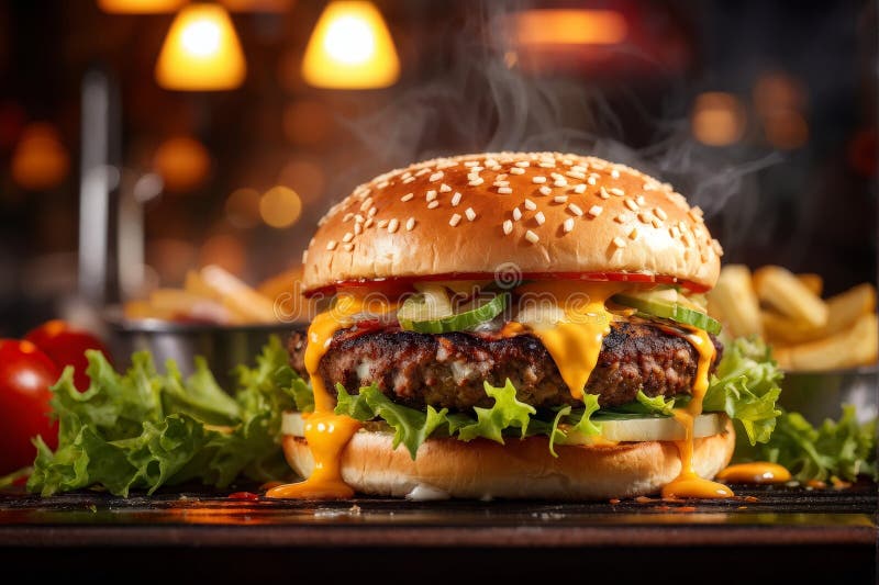 Smaczny hamburger i frytki na drewnianym stole royalty ilustracja