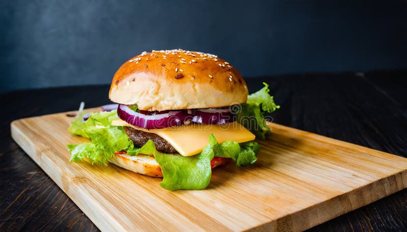 Smaczny hamburger lub burger z serem mięsnym i warzywami na drewnianej płycie. fast food ilustracji