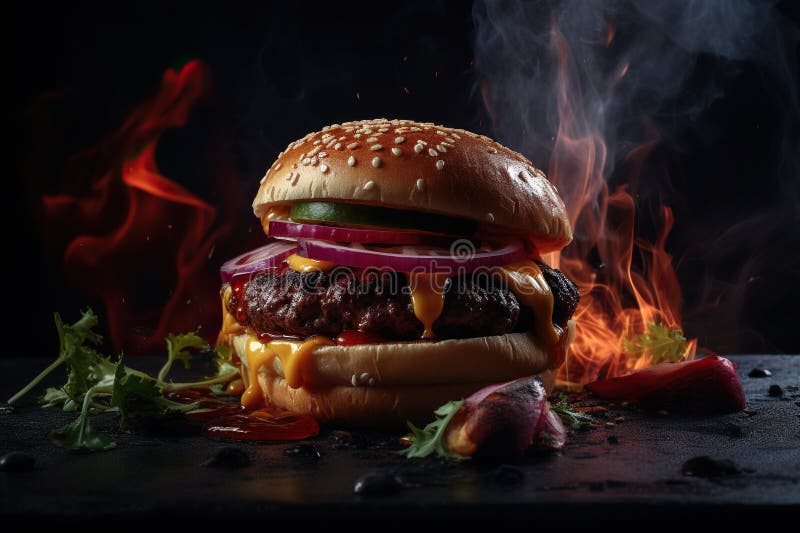 Smaczny hamburger na stole z ogniem na ciemnym tle i generatywna ilustracja ilustracja wektor