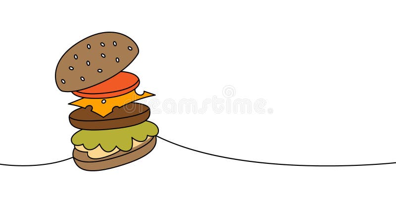 Smaczny hamburger z latającymi składnikami jeden wiersz kolorowy ciągły rysunek. tradycyjne amerykańskie fast food. ilustracja wektor