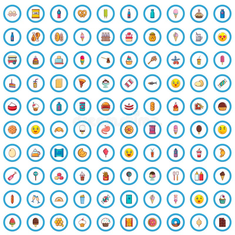 100 smakelijke geplaatste voedselpictogrammen, beeldverhaalstijl stock illustratie 100 smakelijke geplaatste voedselpictogrammen, beeldverhaalstijl stock illustratie