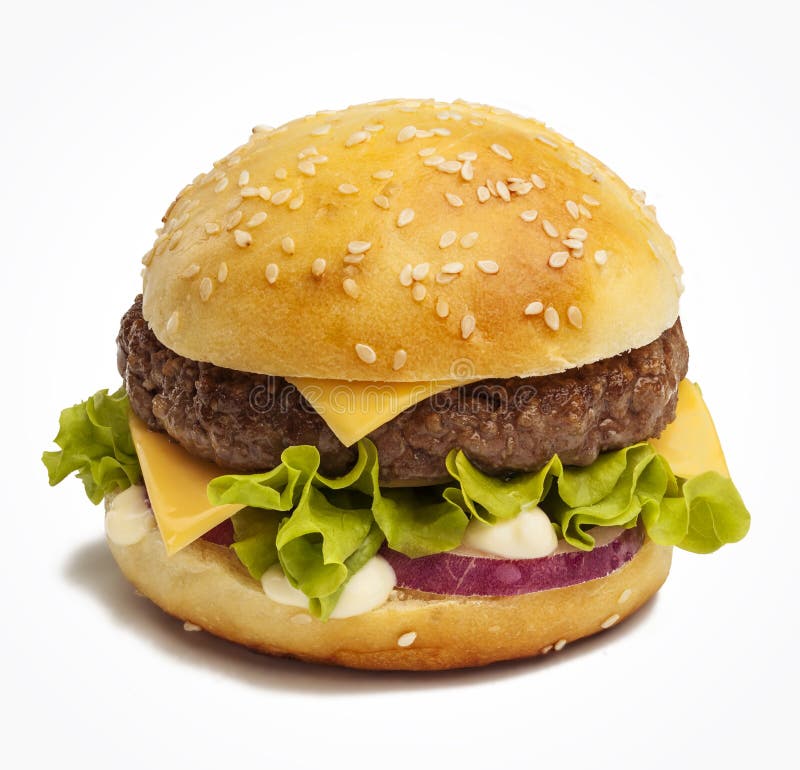 Tasty burger with cheese, red onion and lettuce. Tasty burger with cheese, red onion and lettuce.