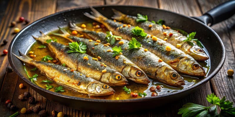 Smaklig panfridad fisk med örter och kryddor är ett utsökt kulinariskt nöje. Generativ AI stock illustrationer