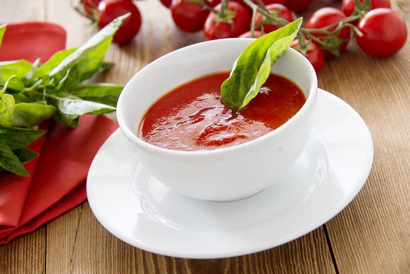 Tasty fresh tomato soup in bowl. Tasty fresh tomato soup in bowl