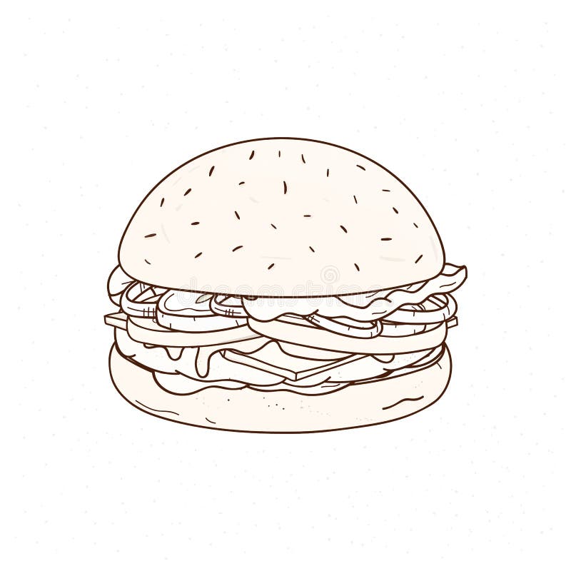 Smakowita hamburger ręka rysująca z konturowymi liniami na białym tle Rysować soczysty hamburger lub kanapka z mięsnym paszteciki ilustracji