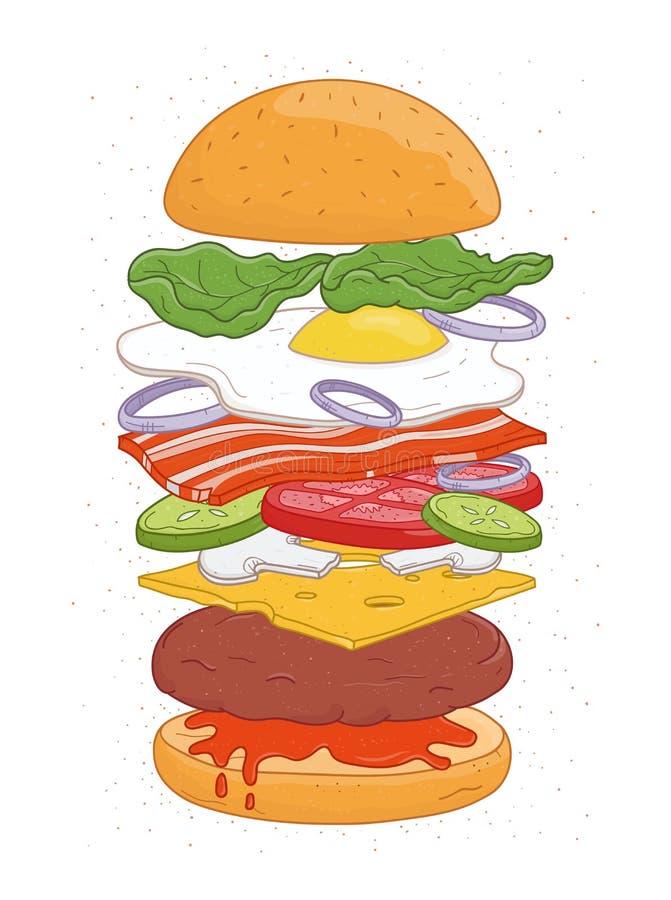 Smakowity hamburger z warstwami lub składnikami odizolowywającymi na białym tle - babeczki, smażący jajko, warzywa, ser, one rozr ilustracji