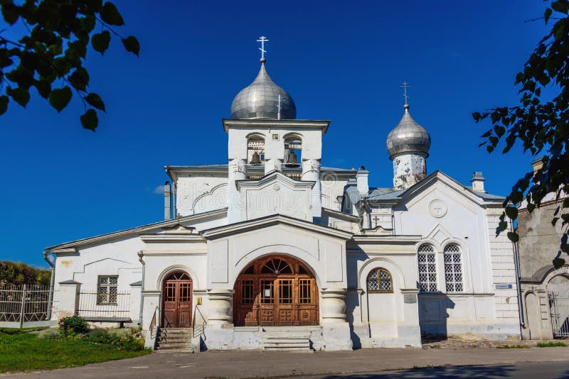 Small ancient orthodox church in Pskov in the summer in sunny day