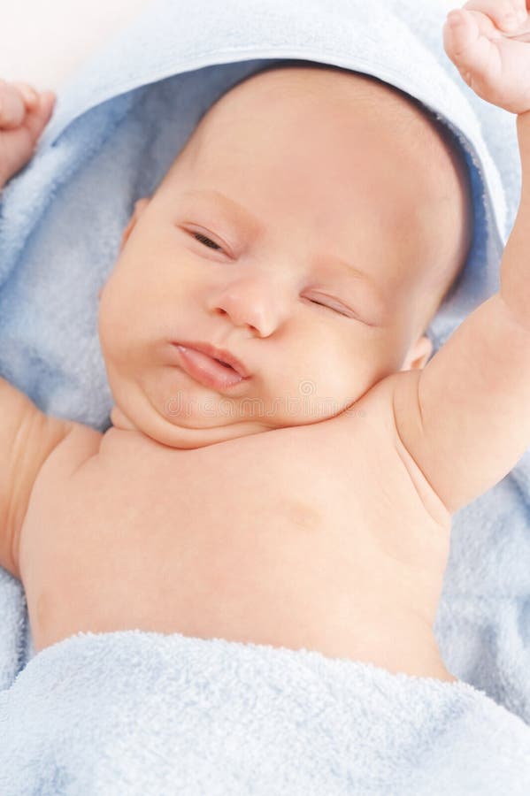 The Small Baby in the Bath Towel Stock Photo Image of blue, childhood