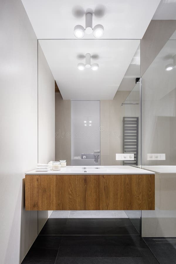 Small Bathroom with Big Mirror Stock Photo - Image of contemporary ...