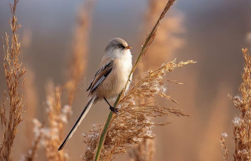 Long-tailed Tit Perched on Reeds stock illustration