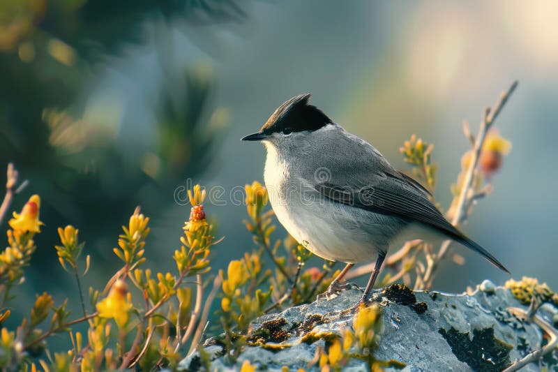 A small bird perched on the edge of a rock, looking out at the surroundings stock images