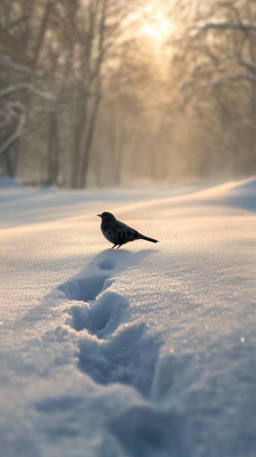 A small bird perched on the snowy terrain, offering a glimpse of winter wonderland stock photos