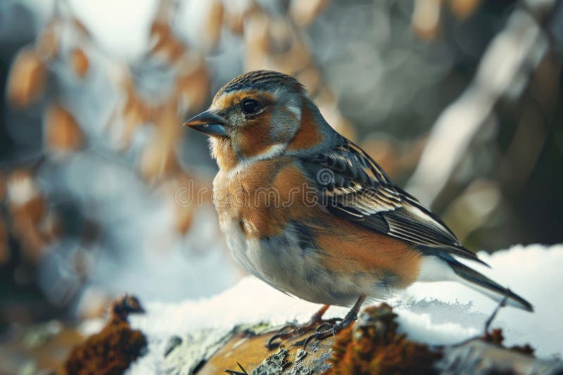 A small bird perched on top of a snowy log, compact and warm stock photo