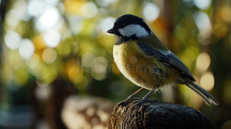 A small bird perched on top of a wooden post. This image can be used to depict nature, wildlife, birds, or animal royalty free stock image