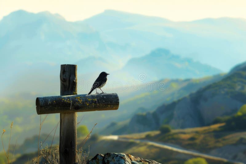 A small bird perched on a wooden cross in a natural setting stock photos