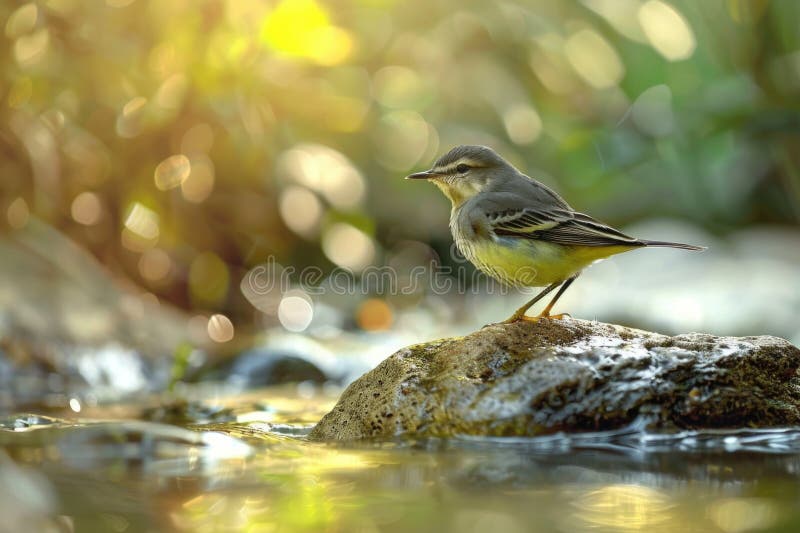 A small bird perches on a rocky outcropping in a serene stream setting royalty free stock images