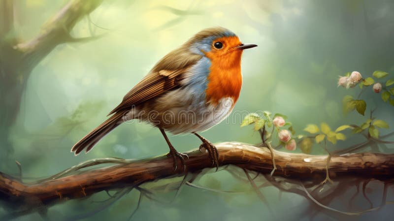 Colorful Bird On Branch: Realistic Portrait Painting With A Touch Of Fantasy stock illustration