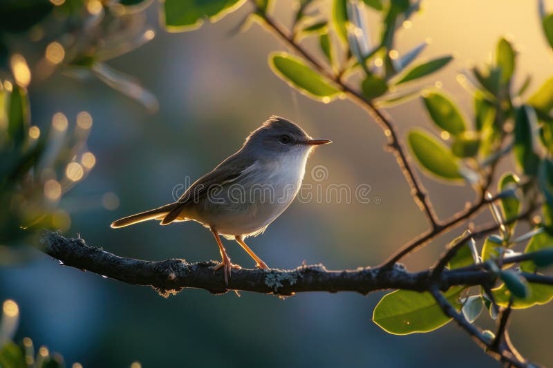 A small bird sits atop a tree branch, ready to take flight stock image