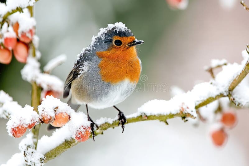 A small bird sits on a branch covered in snow, waiting for spring to arrive royalty free stock image