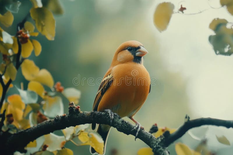 A small bird sits on a branch of a tree, enjoying the view stock photo