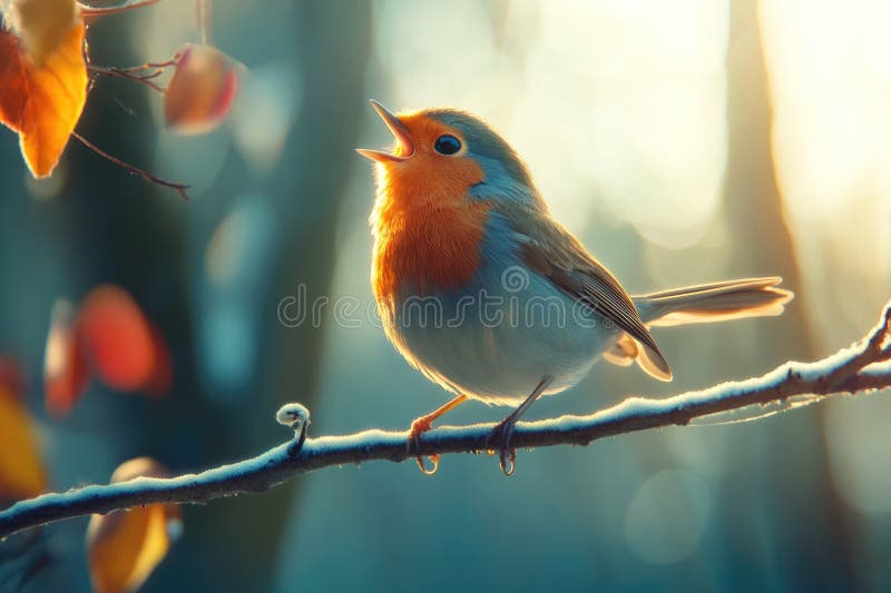 A small bird sits on the branch of a tree, its feathers fluffed against the elements royalty free stock photography