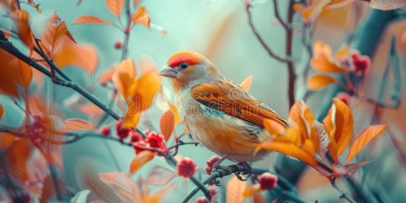 A small bird sits comfortably on the branch of a tree, surrounded by foliage stock photos