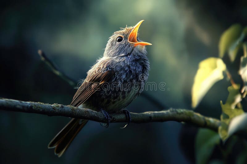 A small bird sits on the top of a tree branch, enjoying its surroundings stock photo