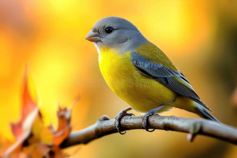 A small bird sitting on a branch, featuring bright yellow and gray plumage royalty free stock photography