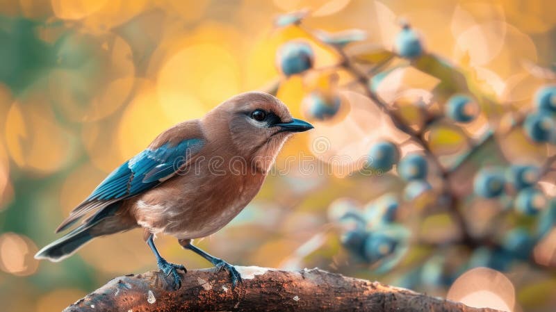 A small bird is sitting on top of a tree branch, looking around stock photography