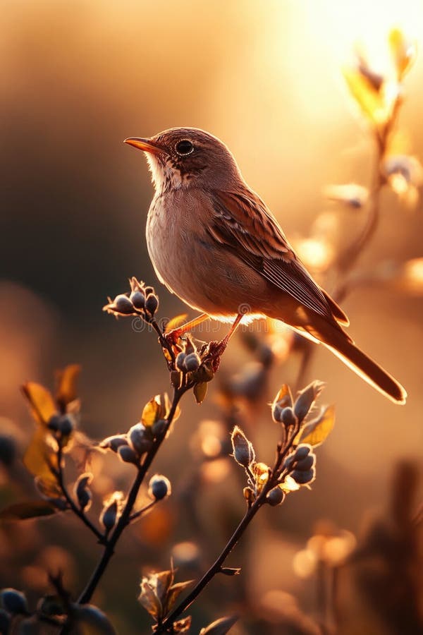 A small bird sitting at the top of a tree branch, ready to take flight royalty free stock photo