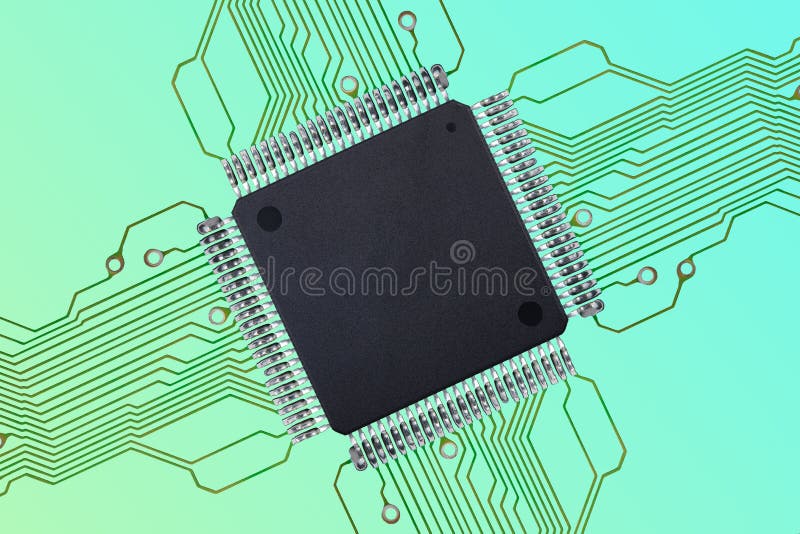 Small Blank Integrated Circuit with Connections on Colorful Background