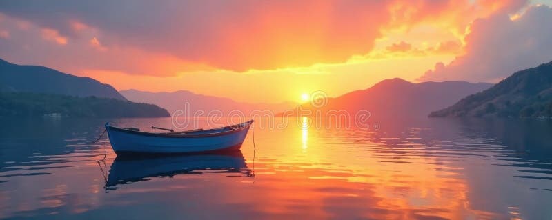 Small blue boat floats gently on calm sunset water, still, beautiful vector illustration