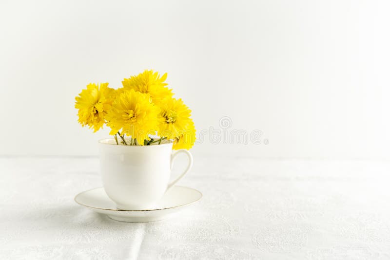 Small bouquet of yellow spring flowers in white cup