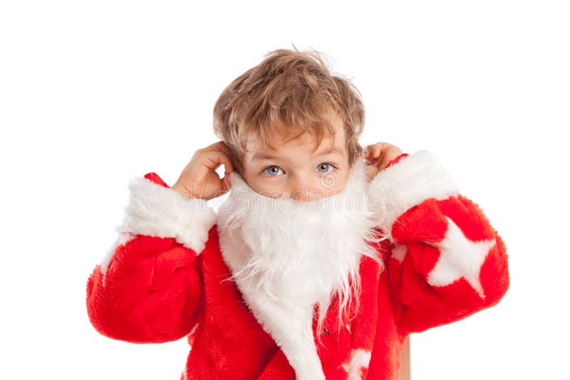 Small boy dressed as Santa Claus, isolation