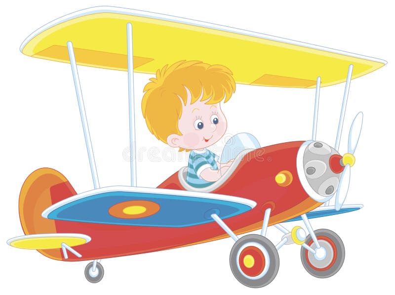 Small boy smiling and piloting a colorful toy airplane on a playground in a park, vector cartoon illustration on a white background. Small boy smiling and piloting a colorful toy airplane on a playground in a park, vector cartoon illustration on a white background