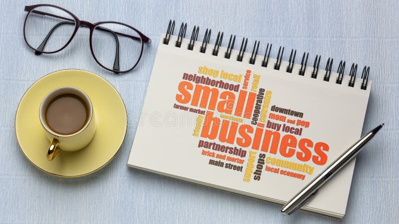 Small business word cloud on a  sketchbook, flat lay with a cup of coffee, local economy concept. Small business word cloud on a  sketchbook, flat lay with a cup of coffee, local economy concept