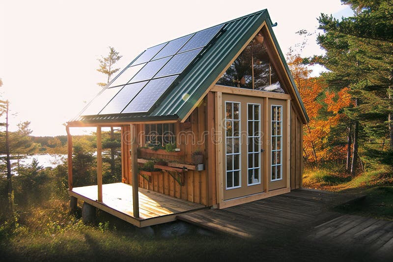 A Small Cabin with a Solar Panel on the Roof. Generative AI Image