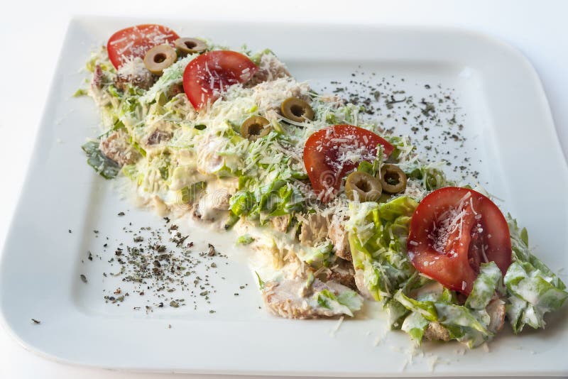 A Small Caesar Salad with Shredded Parmesan Cheese, Croutons and Stock