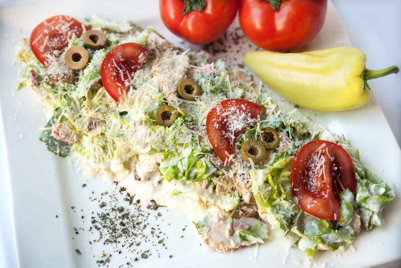 A Small Caesar Salad with Shredded Parmesan Cheese, Croutons and Stock