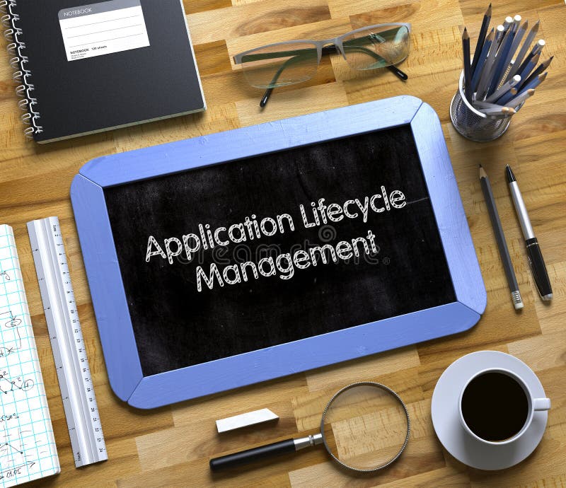 Small Chalkboard with Application Lifecycle Management. 3D. stock photo