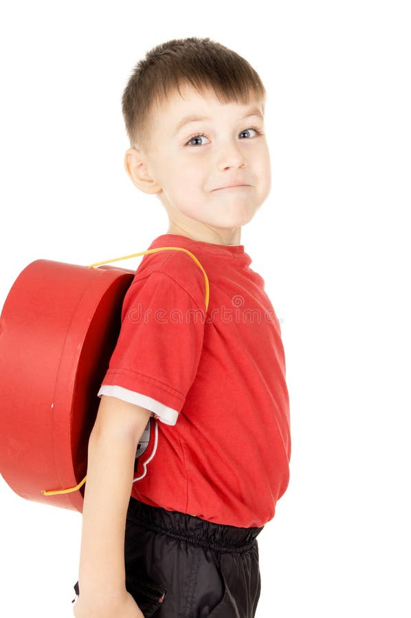 A Small Child Stand Is With A Backpack In The Form Of Heart Stock Image
