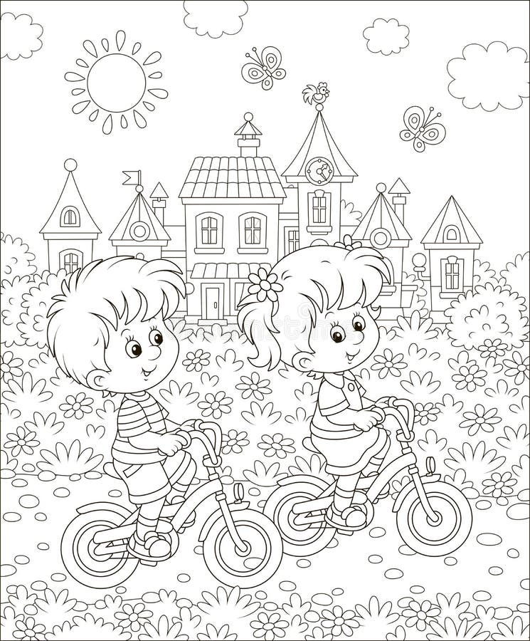 Small children riding bicycles in a park vector illustration Small children riding bicycles in a park vector illustration