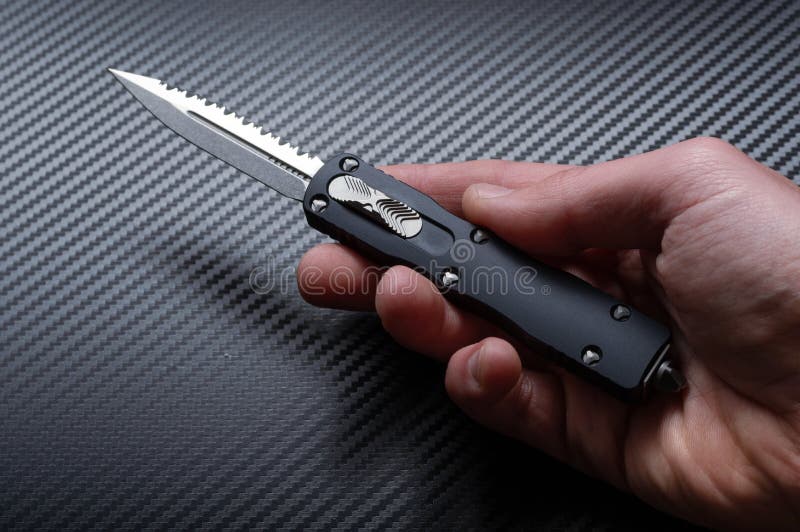 Small Compact Knife in Hand. Knife Open in Hand Stock Photo - Image of ...