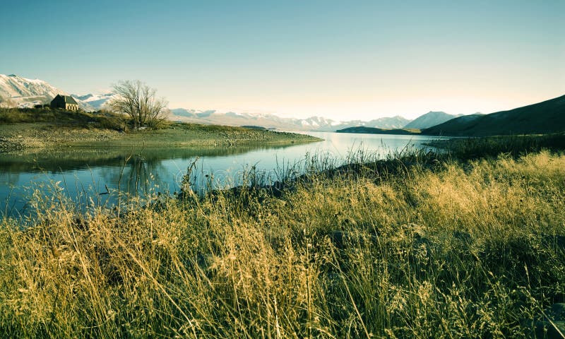 Small Cottage Rural Area View Mountain Lake Concept stock photography