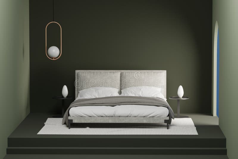 A Small Cozy Dark Green Bedroom. 3d Rendering Front View Stock