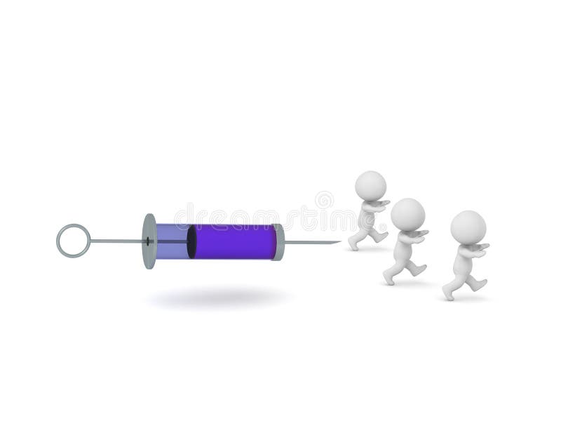 Small 3D Characters Running Away from a Large Syringe vector illustration
